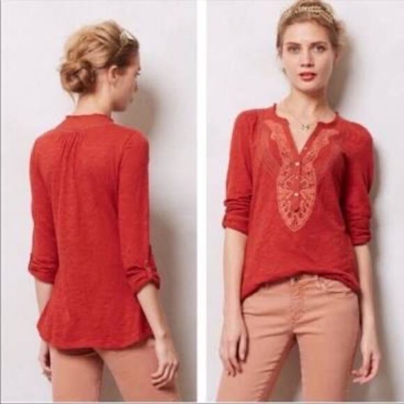 Anthro Meadow Rue Chennai Orange Roll Sleeve Top - Picture 1 of 7
